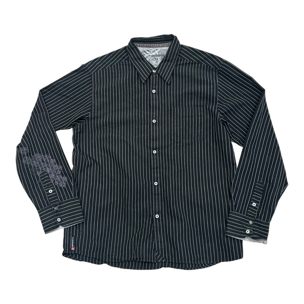 Quiksilver Vintage Black Striped Men's Long Sleeve Button Down Shirt Embroidered